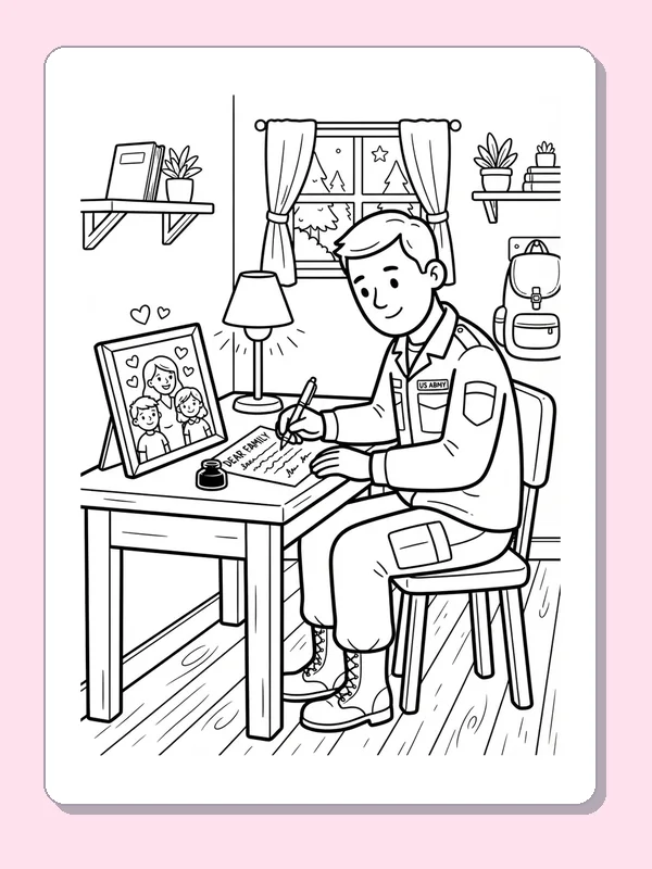 Uniformed person writing at a desk beside a framed family photo