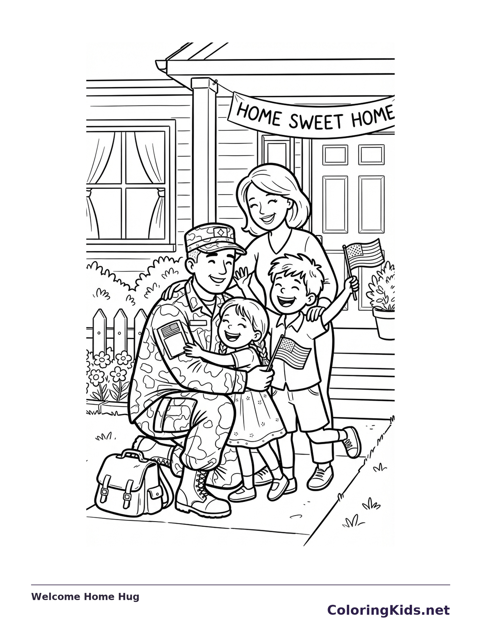 Black and white coloring page of a returning soldier hugging two children outside their home