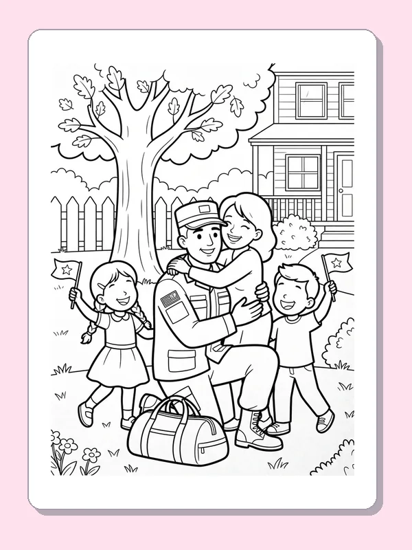 Black and white coloring page of a soldier embracing family members beside a picket fence and tree