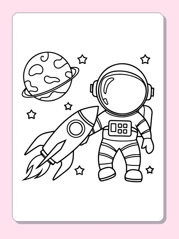 Black and white printable drawing of astronaut standing beside a small rocket and ringed planet