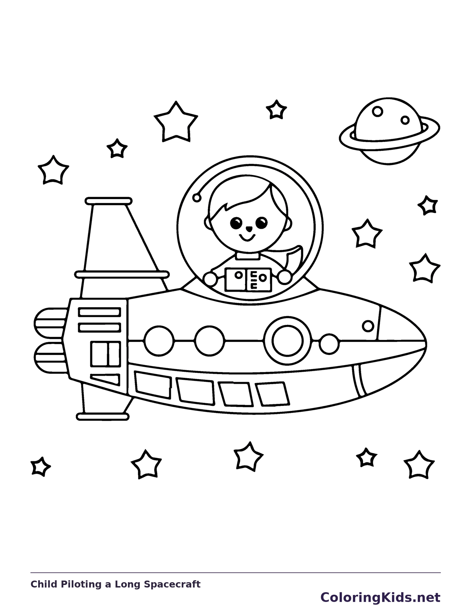 Black and white printable drawing of child piloting a long spacecraft with a round window
