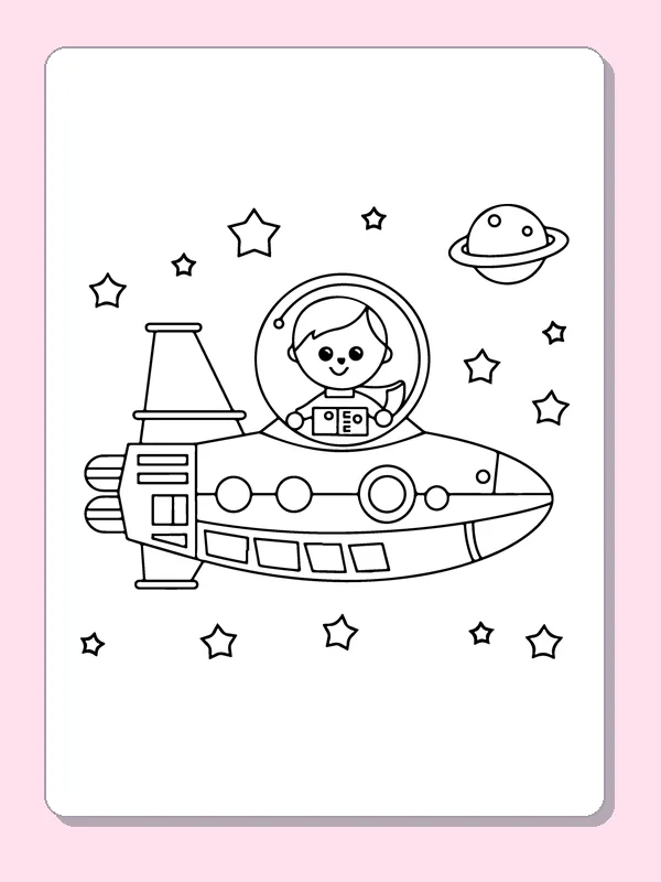 Black and white printable drawing of child piloting a long spacecraft with a round window