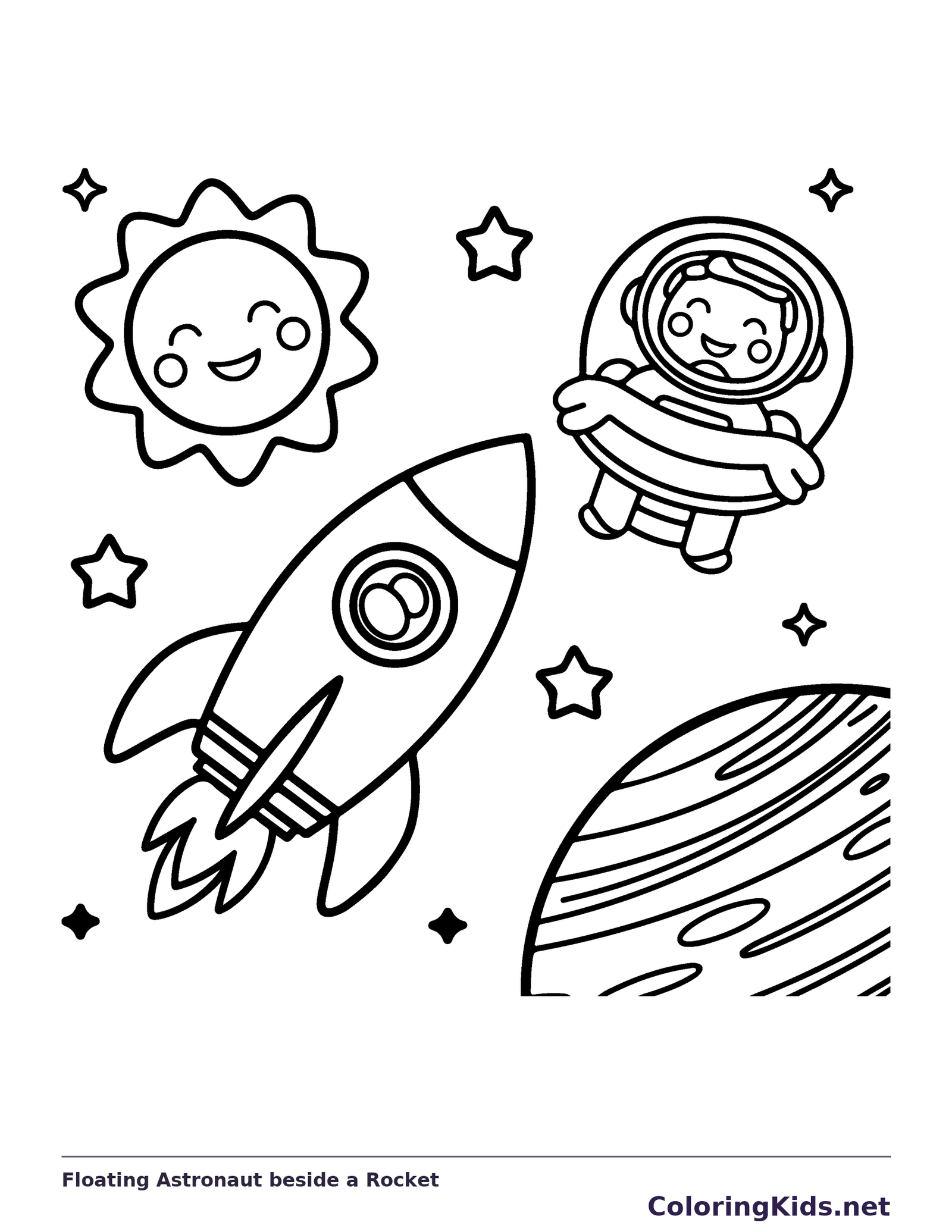 Black and white printable drawing of floating astronaut beside a rocket and smiling sun