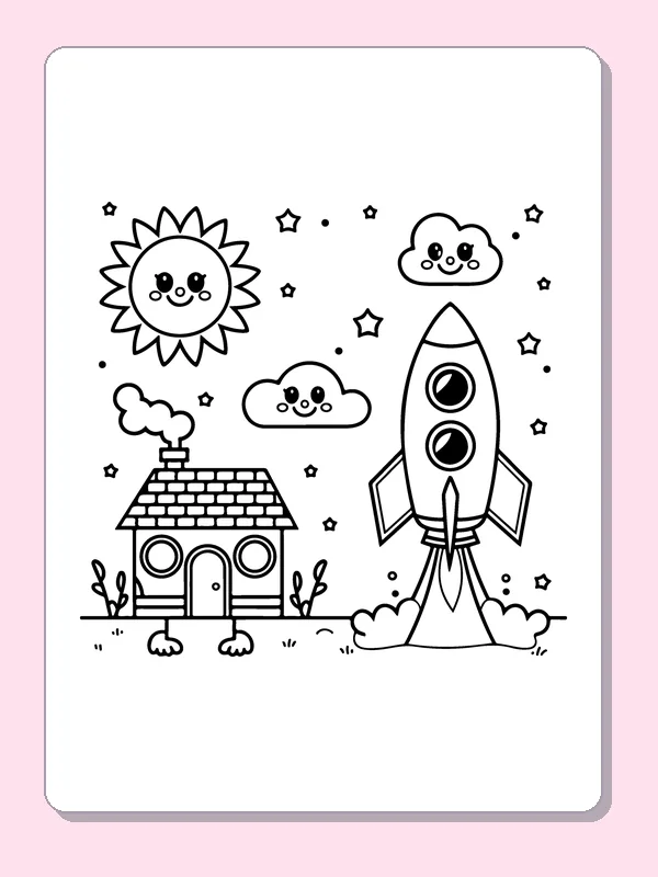 Black and white printable drawing of rocket launching beside a house under a smiling sun