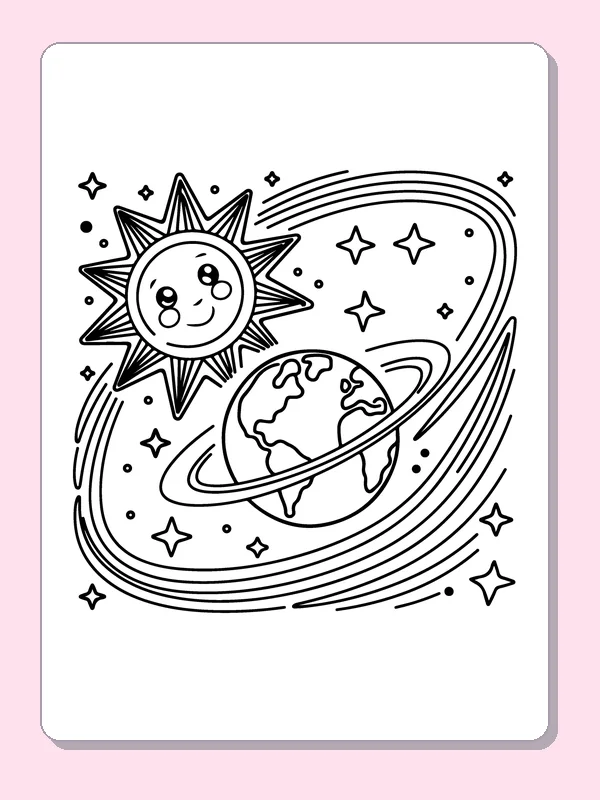 Black and white printable drawing of smiling sun beside a fanciful ringed world and orbit lines