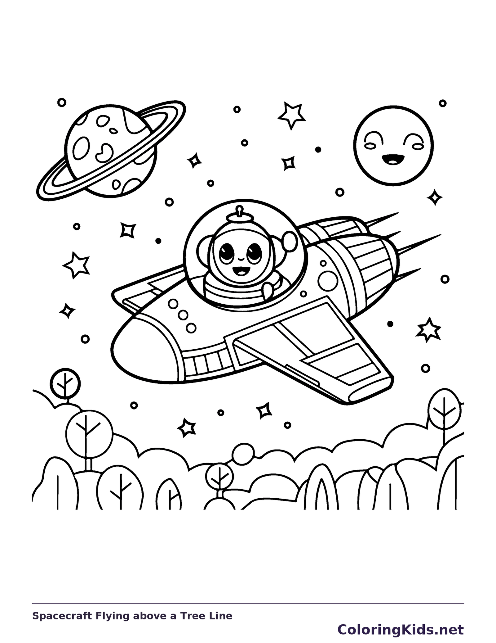 Black and white printable drawing of winged spacecraft flying above trees with a child pilot