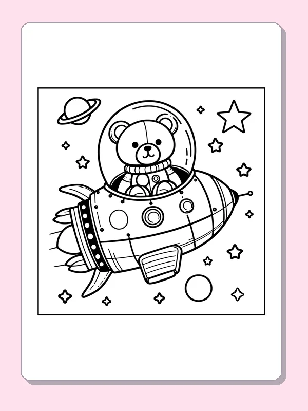 Bear astronaut piloting rounded rocket