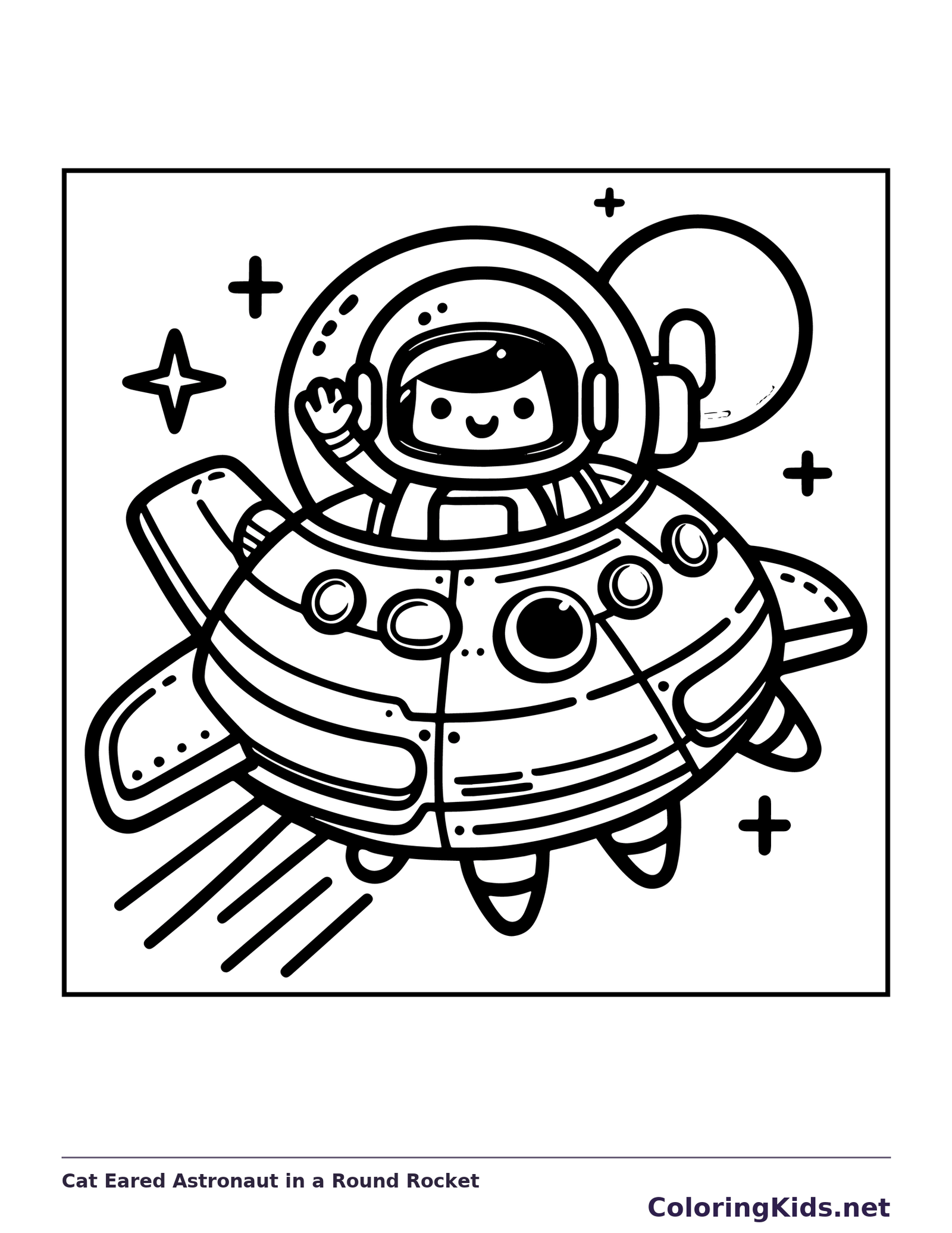 Cat-eared pilot waving from round spaceship
