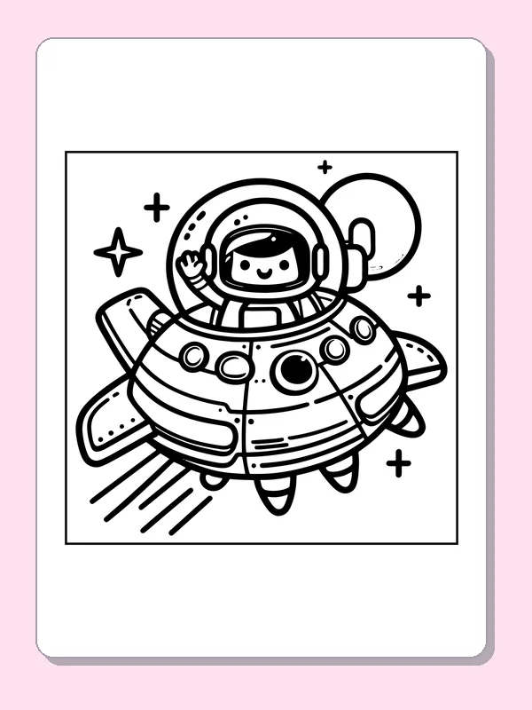 Cat-eared pilot waving from round spaceship
