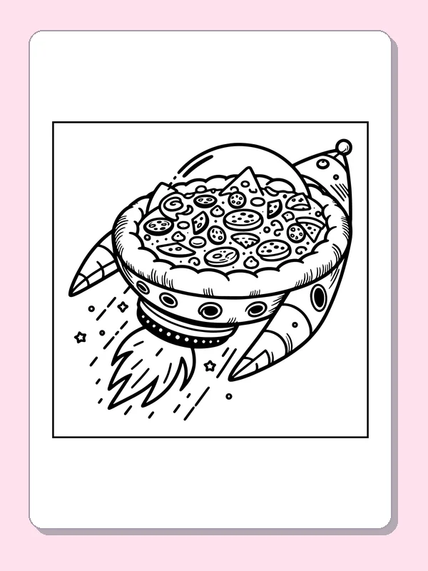 Pizza-topped spaceship with fins and flame