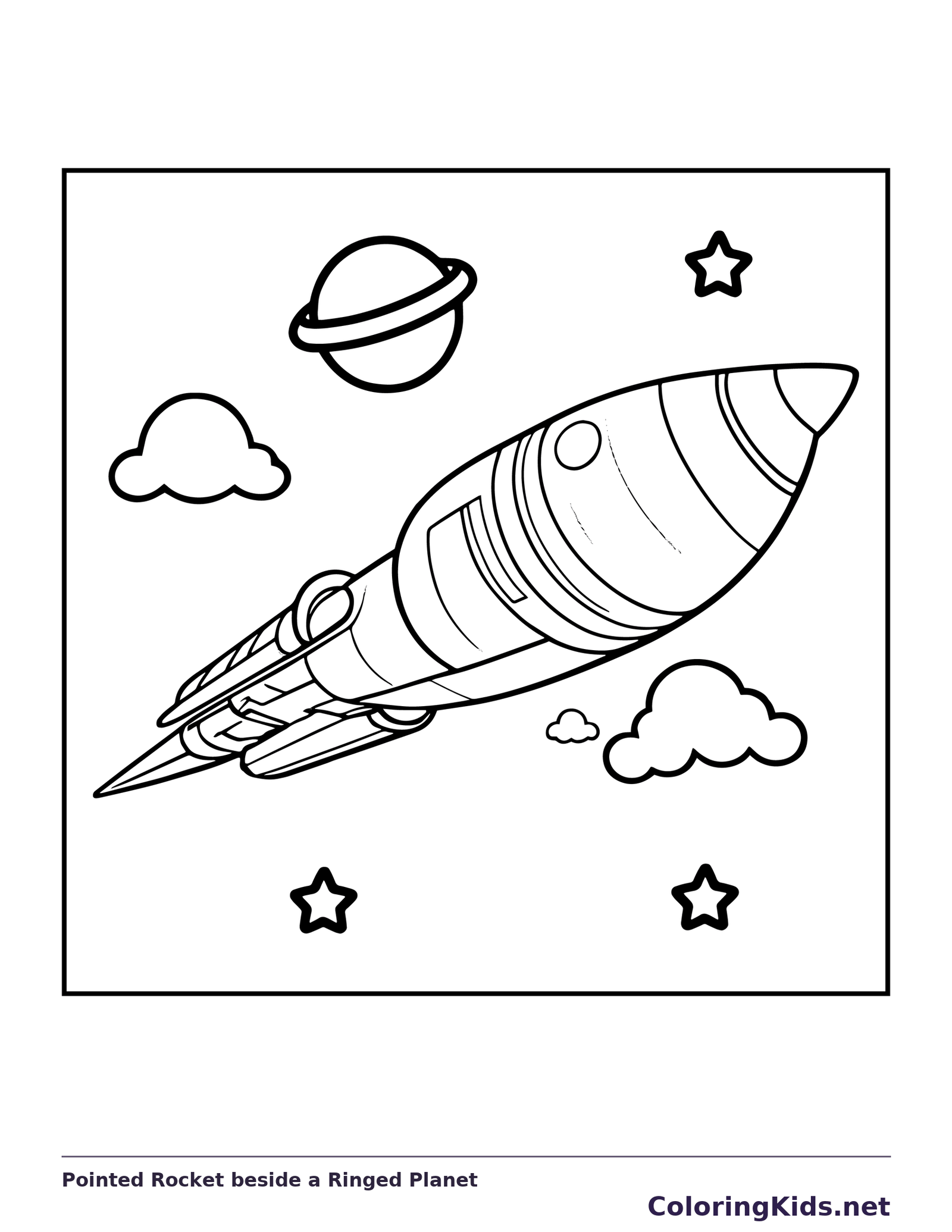 Pointed striped rocket beside a ringed planet