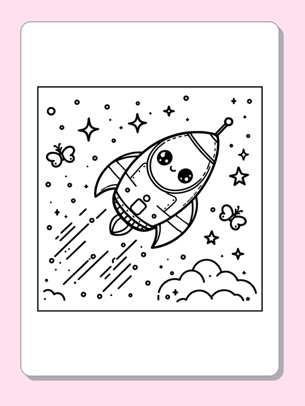 Rocket flying past stars, clouds and butterflies
