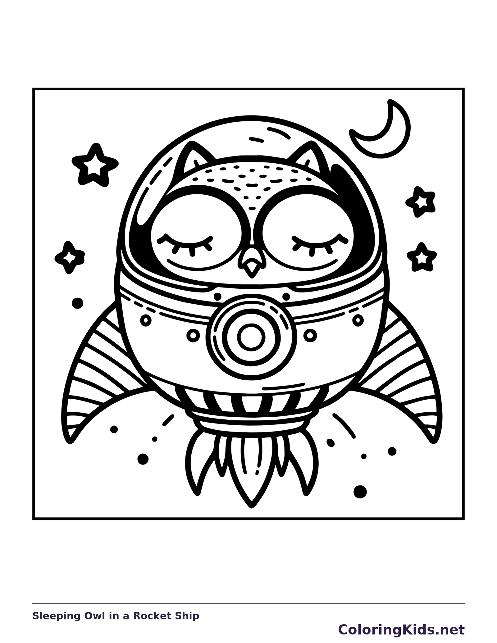 Sleeping owl inside round rocket near crescent moon