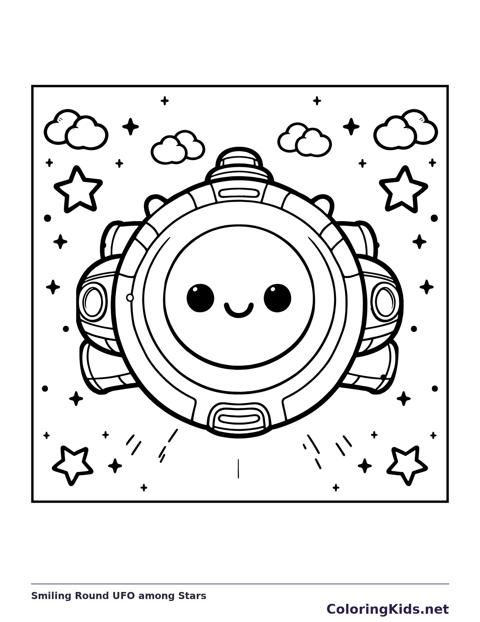 Smiling round UFO floating among stars and clouds