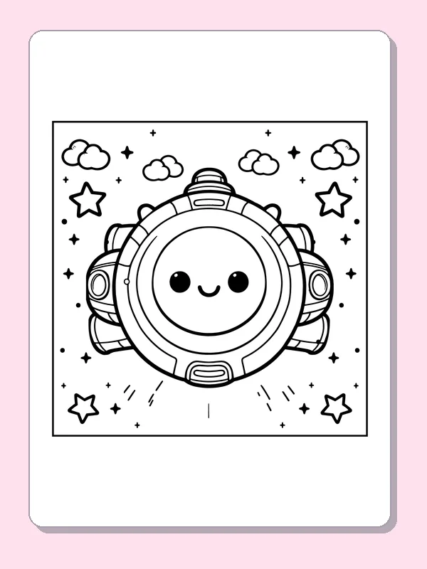 Smiling round UFO floating among stars and clouds