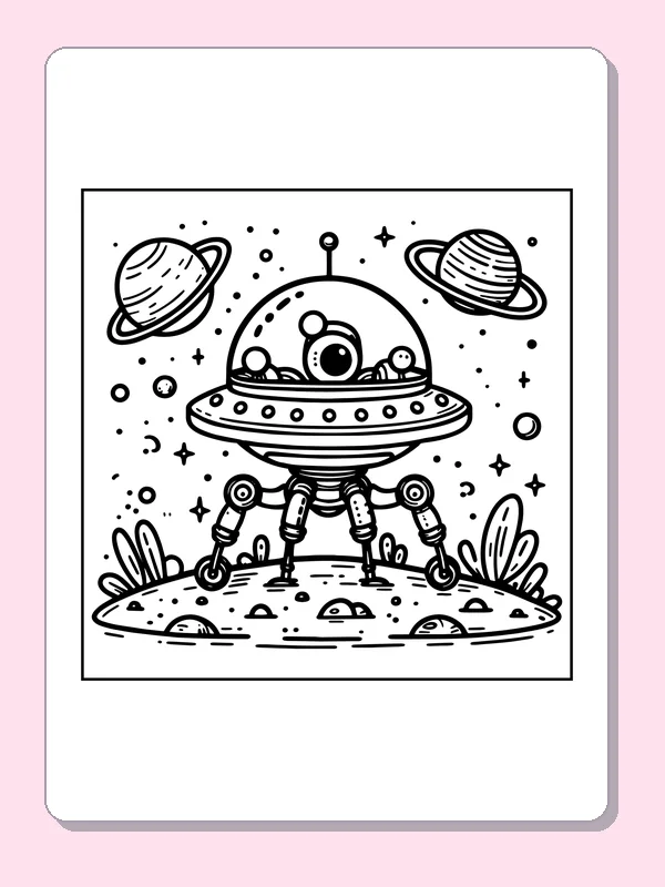 Flying saucer on legs above rocky planet
