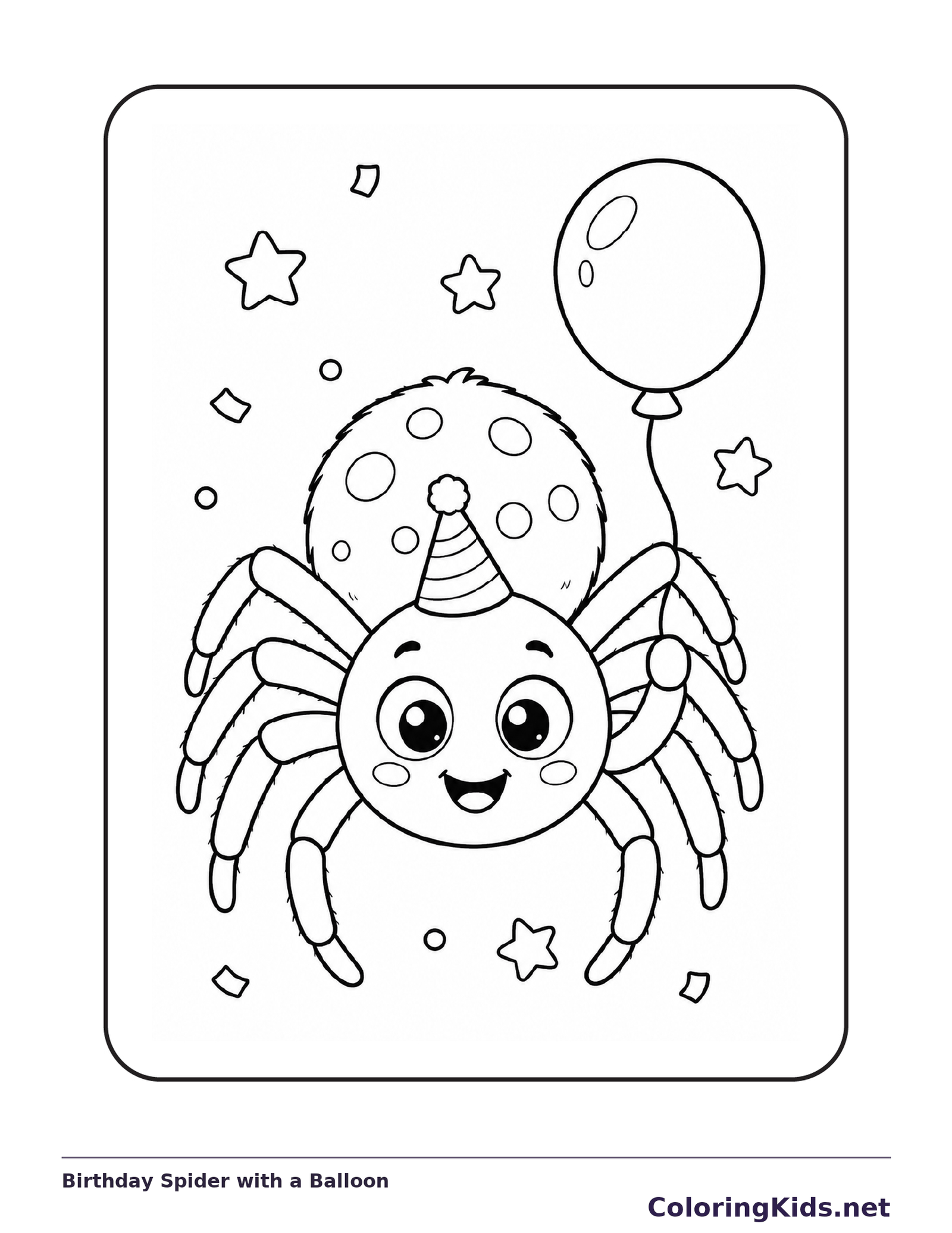 Black and white printable birthday spider with a balloon coloring sheet