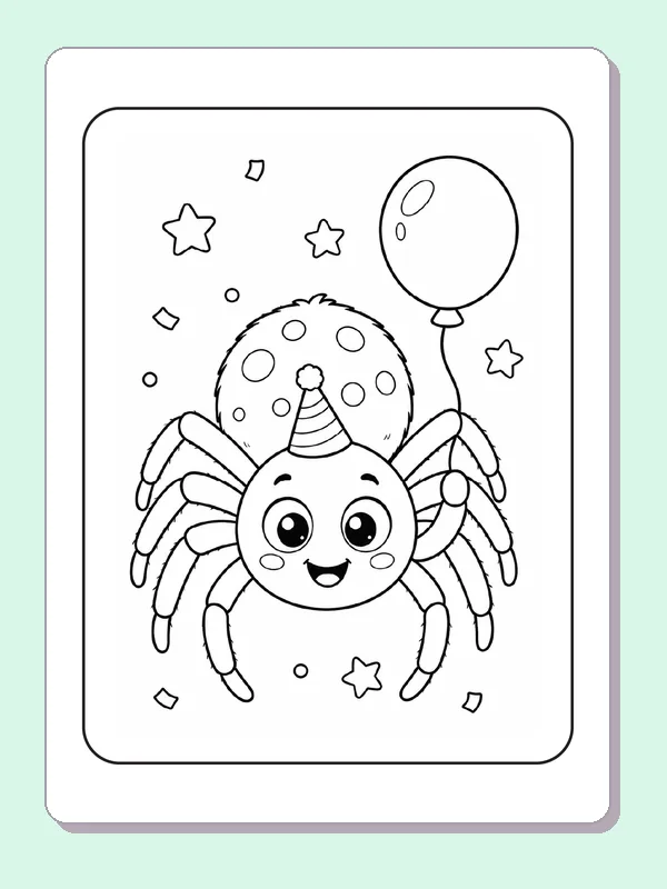 Black and white printable birthday spider with a balloon coloring sheet