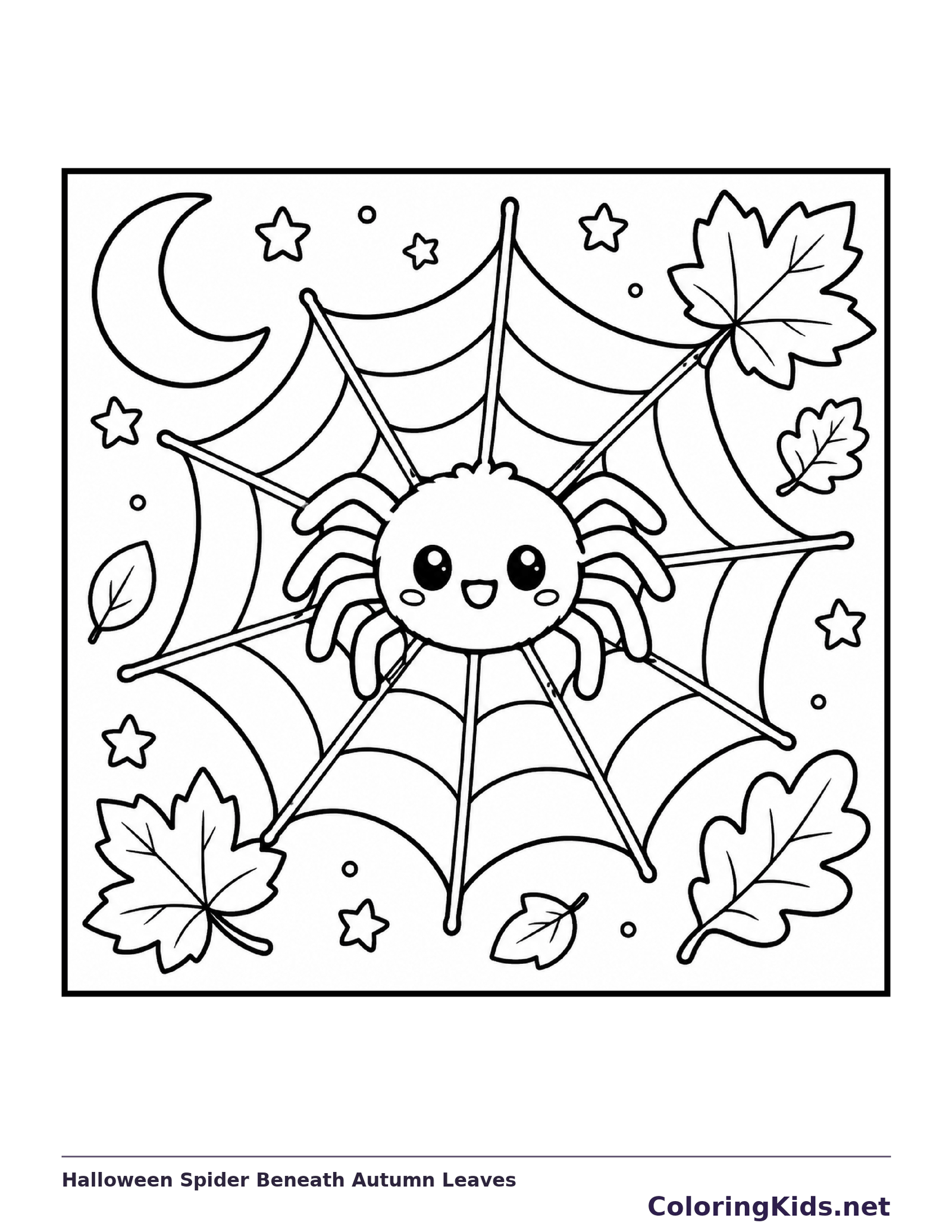 Black and white printable halloween spider beneath autumn leaves coloring sheet