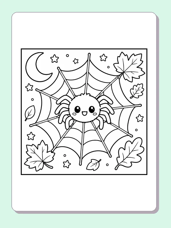 Black and white printable halloween spider beneath autumn leaves coloring sheet