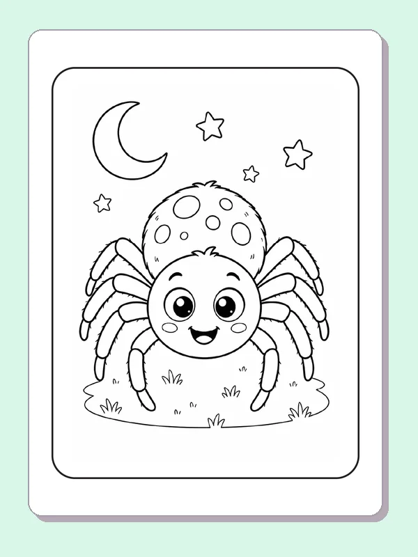 Black and white printable spider beneath a crescent moon coloring sheet