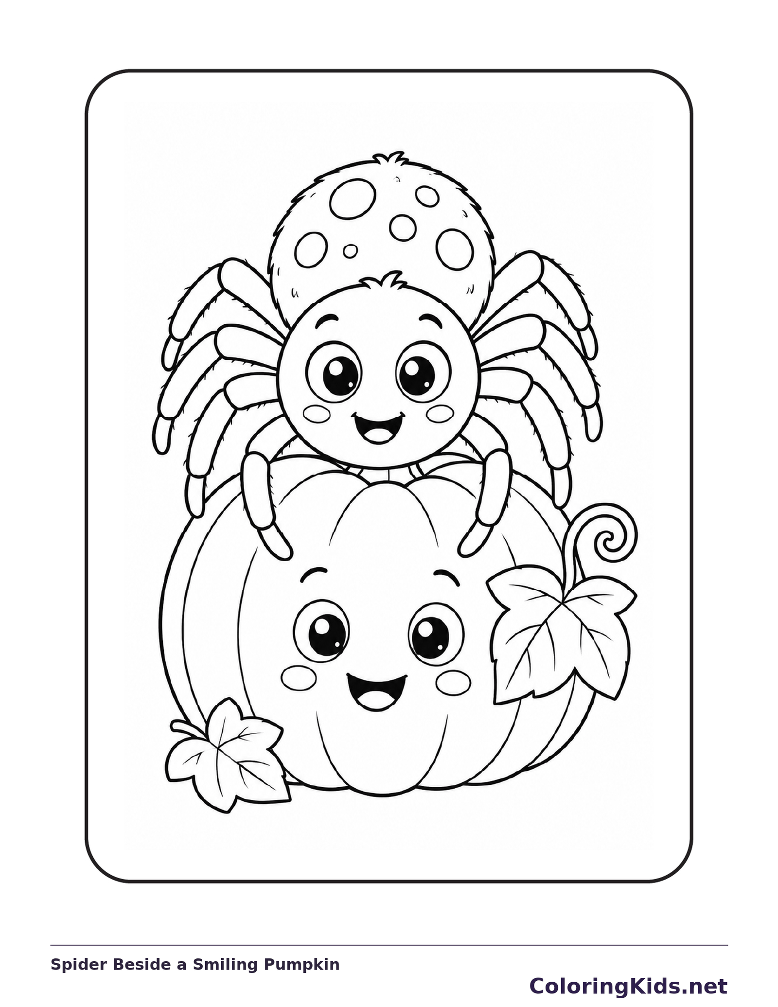 Black and white printable spider beside a smiling pumpkin coloring sheet