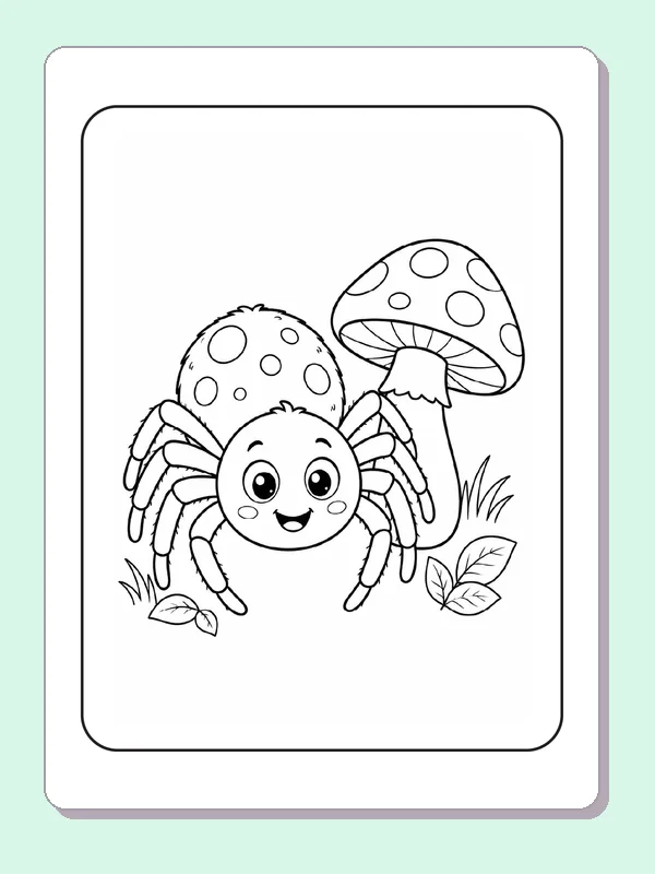 Black and white printable spider beside a spotted mushroom coloring sheet