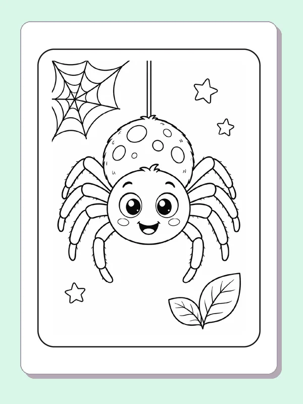 Black and white printable spider hanging by a small web coloring sheet