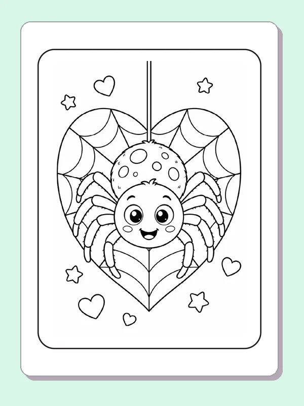 Black and white printable spider in a heart-shaped web coloring sheet