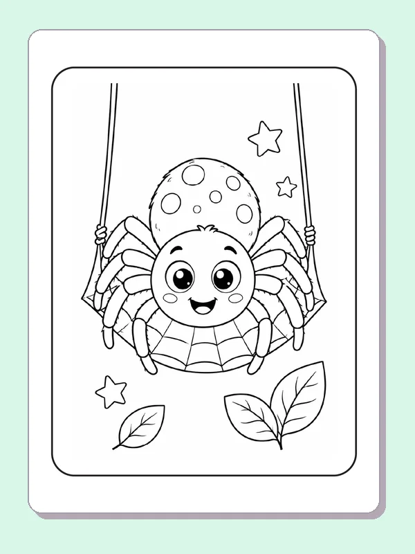 Black and white printable spider on a garden swing coloring sheet