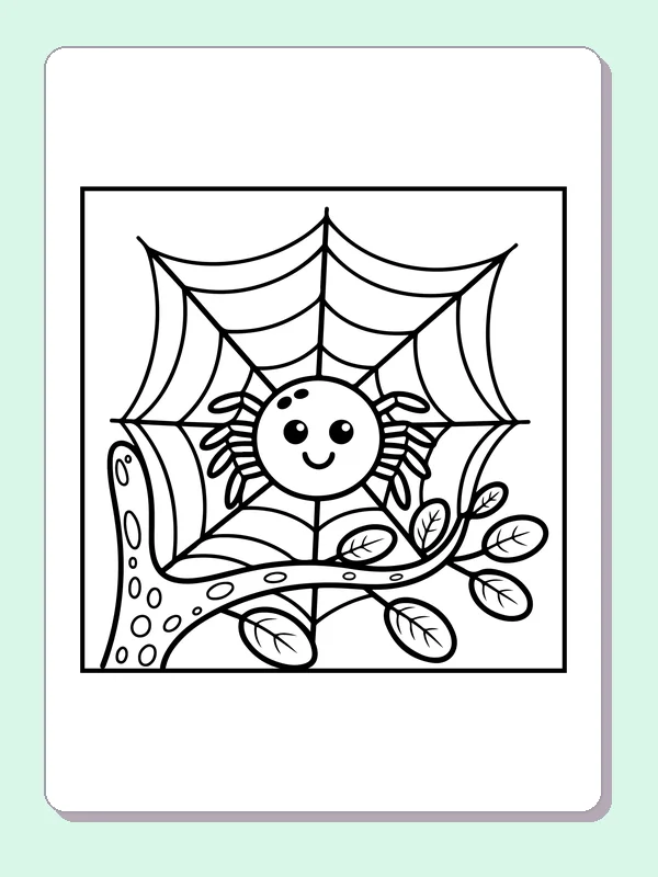 Black and white printable spider on a leafy web coloring sheet