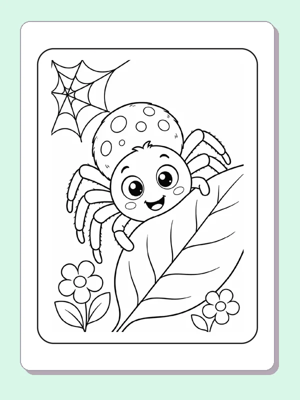 Black and white printable spider peeking from behind a leaf coloring sheet