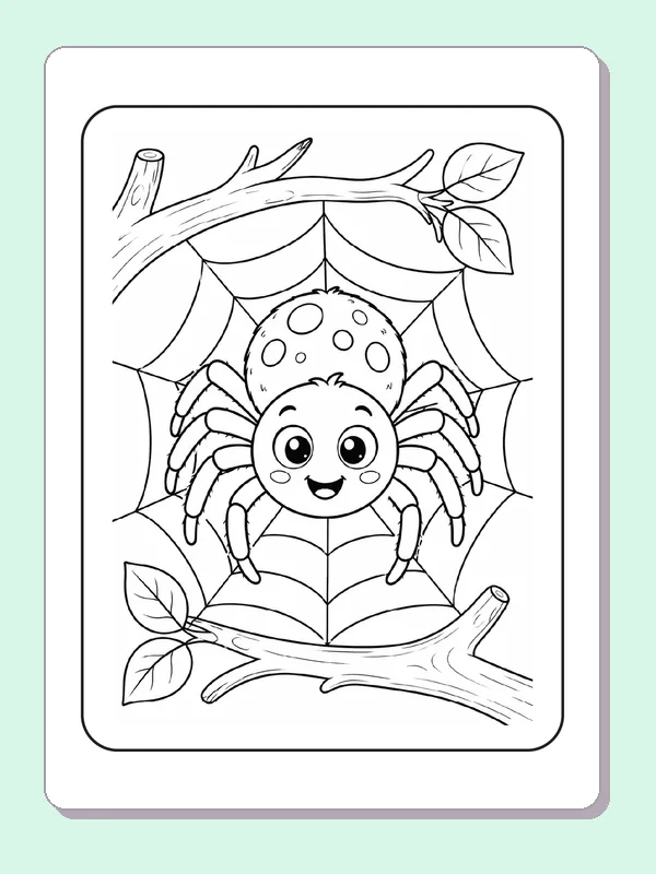 Black and white printable spider resting on a branch web coloring sheet
