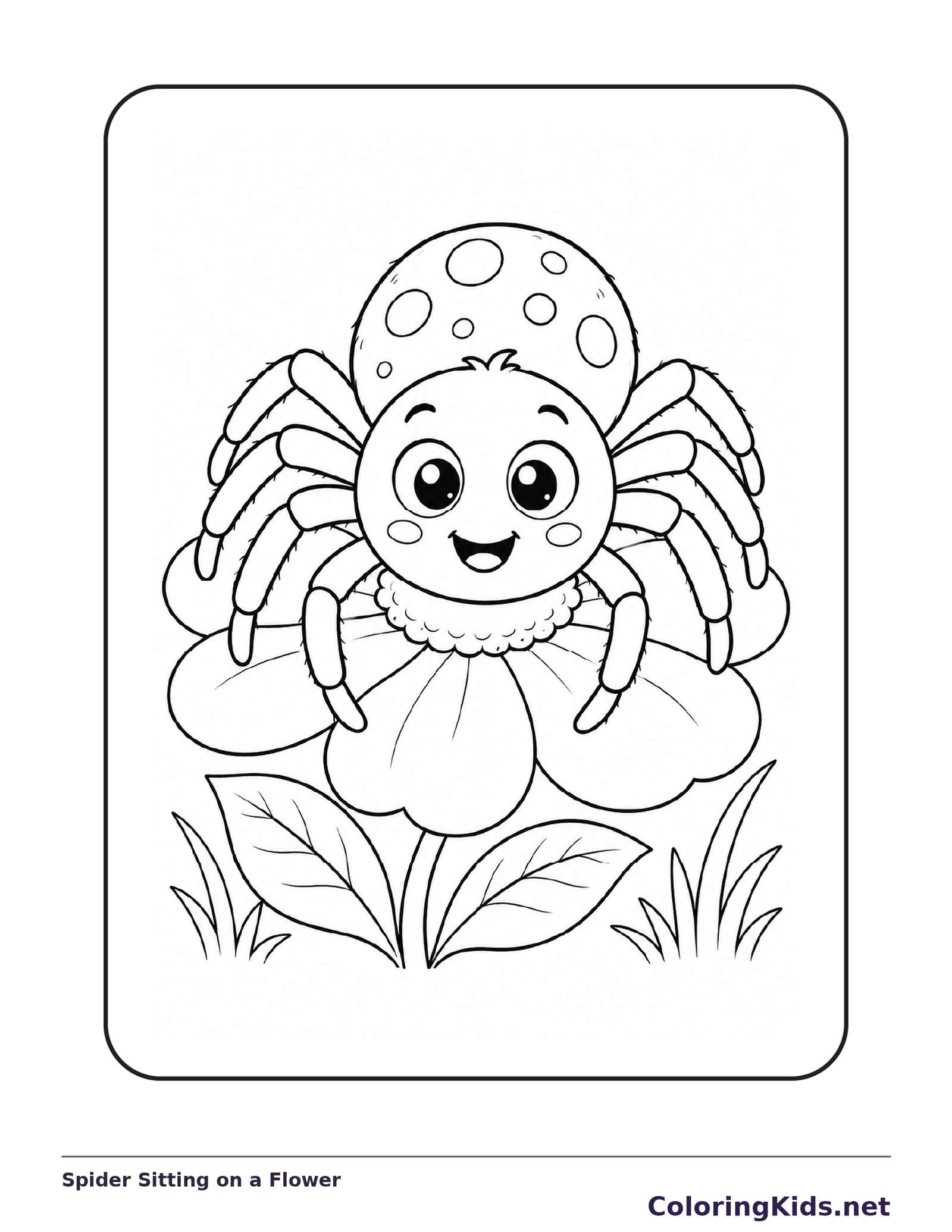 Black and white printable spider sitting on a flower coloring sheet