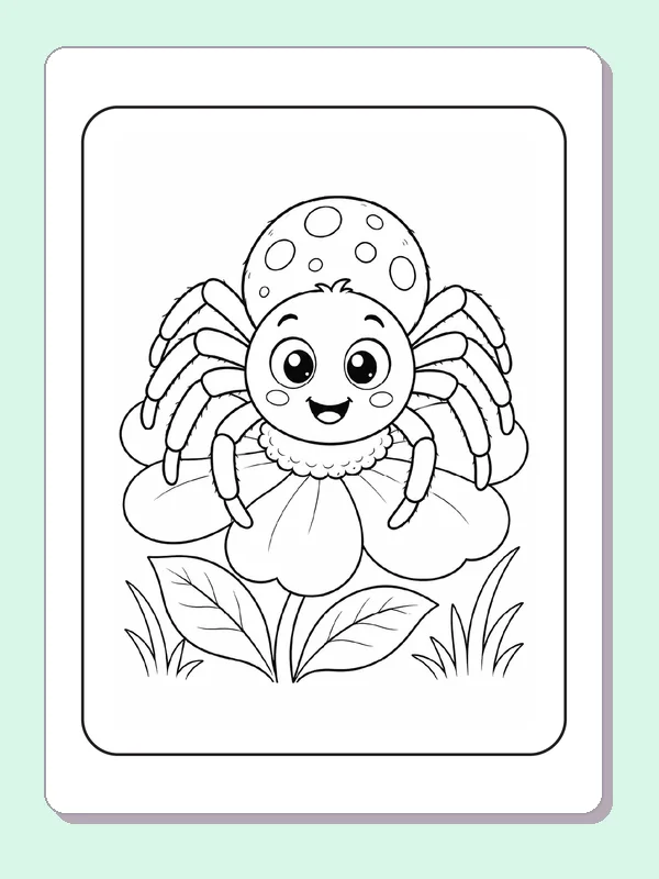 Black and white printable spider sitting on a flower coloring sheet