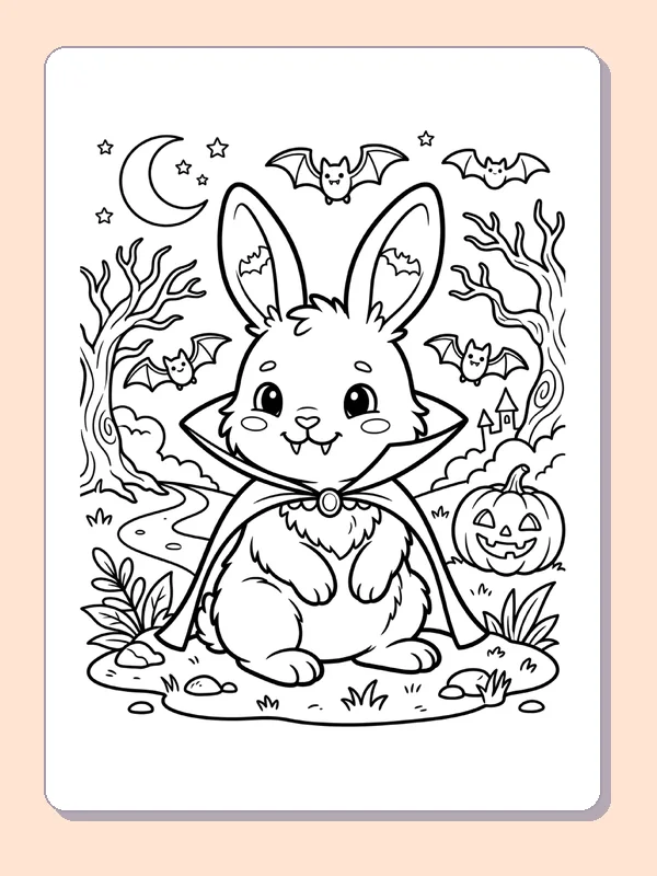Black and white printable bunny waiting by a pumpkin coloring sheet
