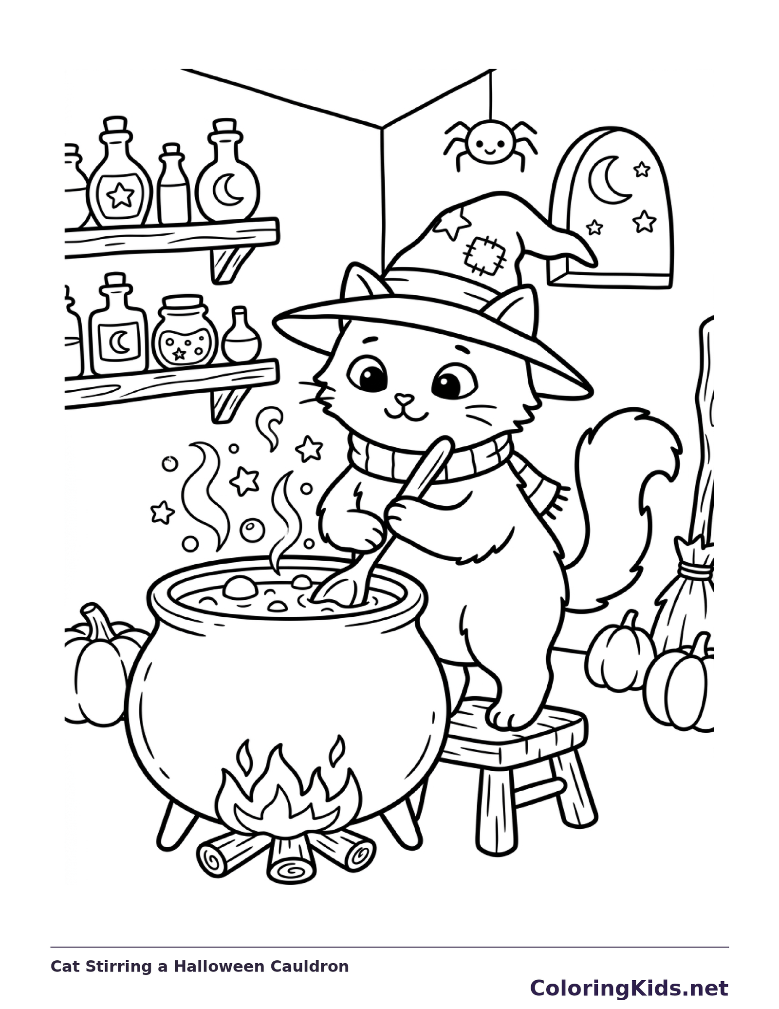 Black and white printable cat stirring a halloween cauldron coloring sheet