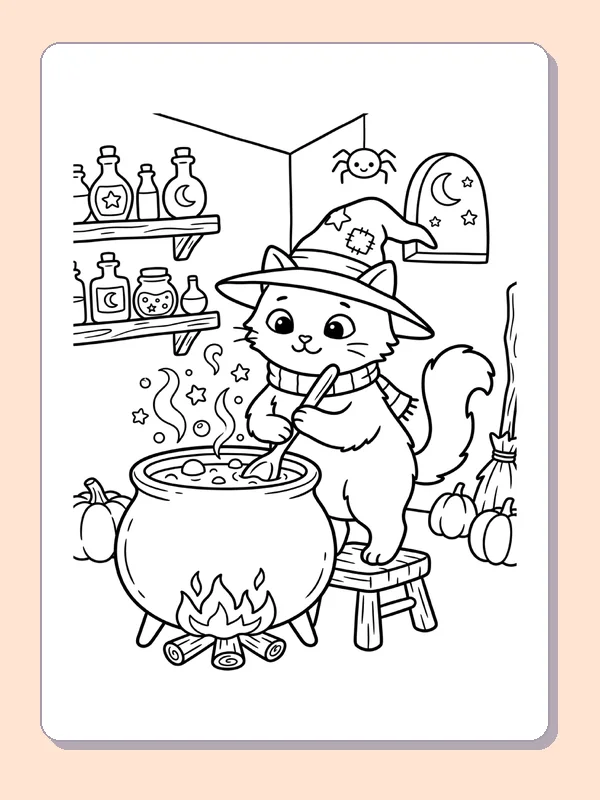 Cat Stirring a Halloween Cauldron coloring page preview