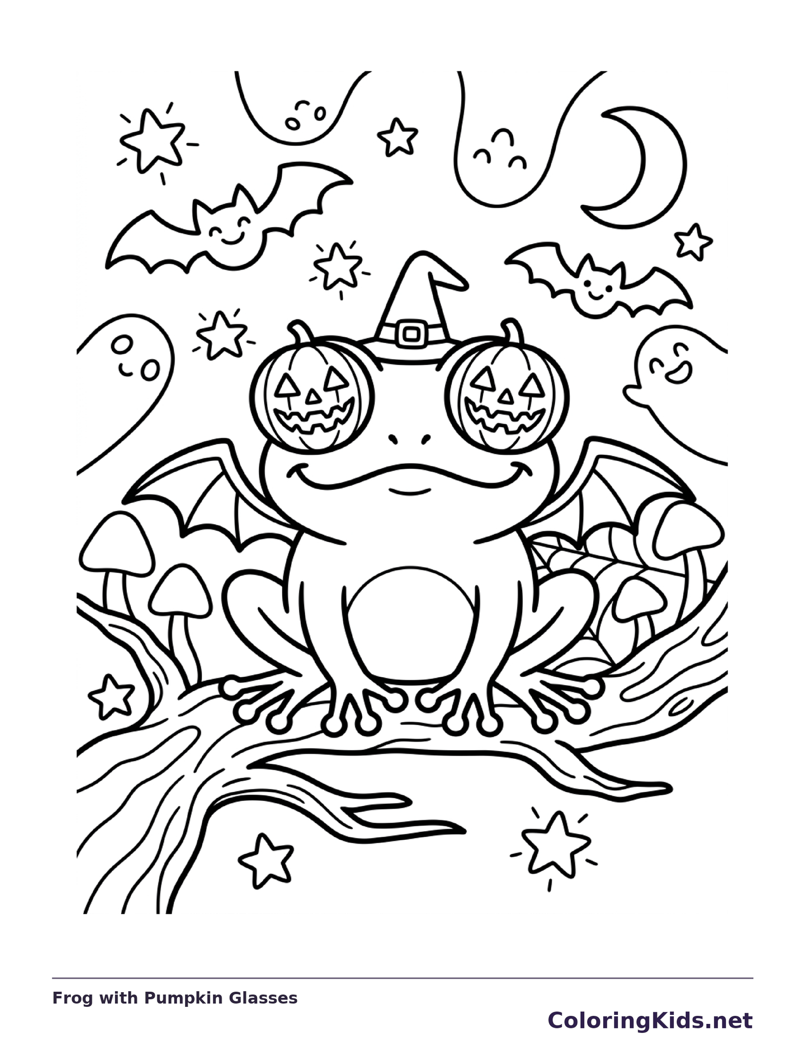 Black and white printable frog with pumpkin glasses coloring sheet
