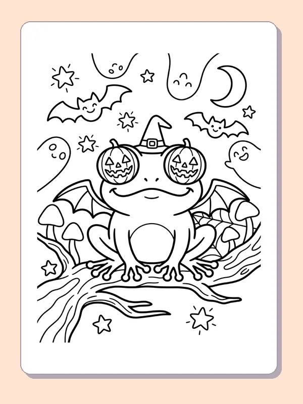 Black and white printable frog with pumpkin glasses coloring sheet