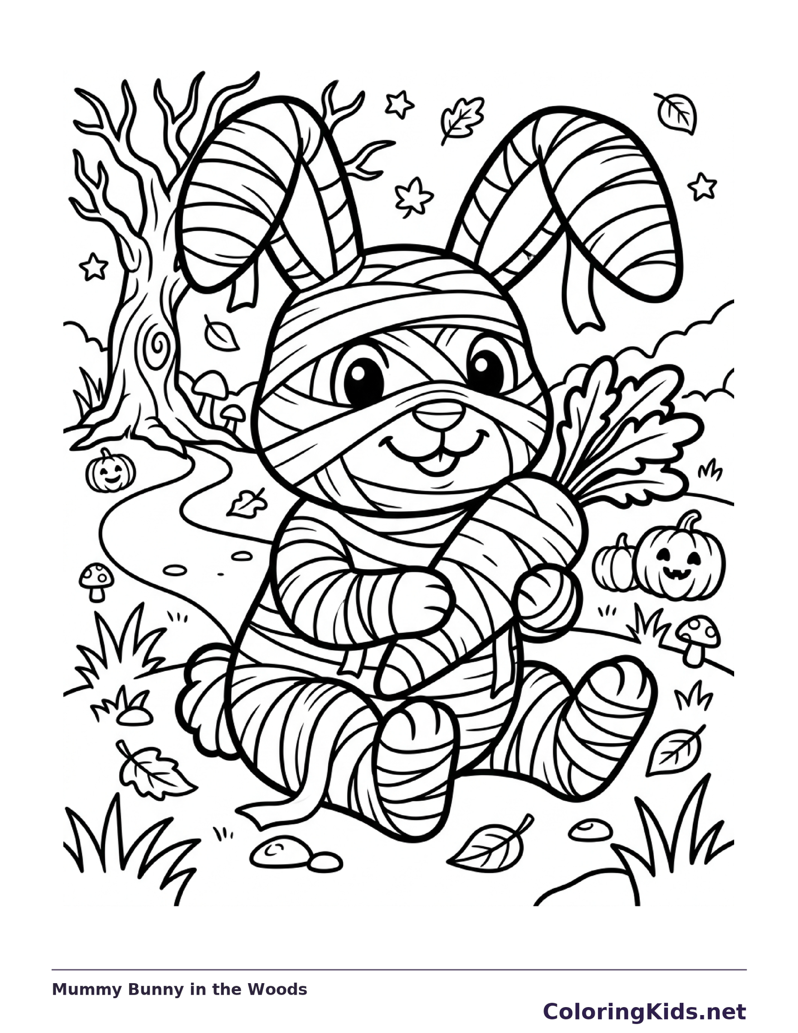 Black and white printable mummy bunny in the woods coloring sheet