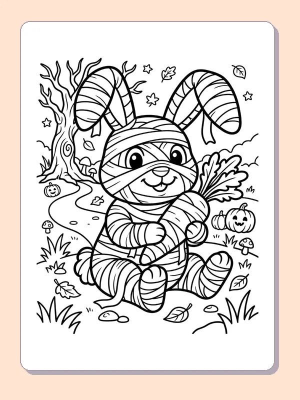 Black and white printable mummy bunny in the woods coloring sheet