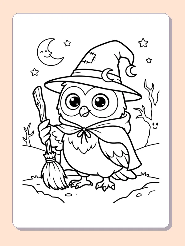 Black and white printable owl dressed as a little witch coloring sheet