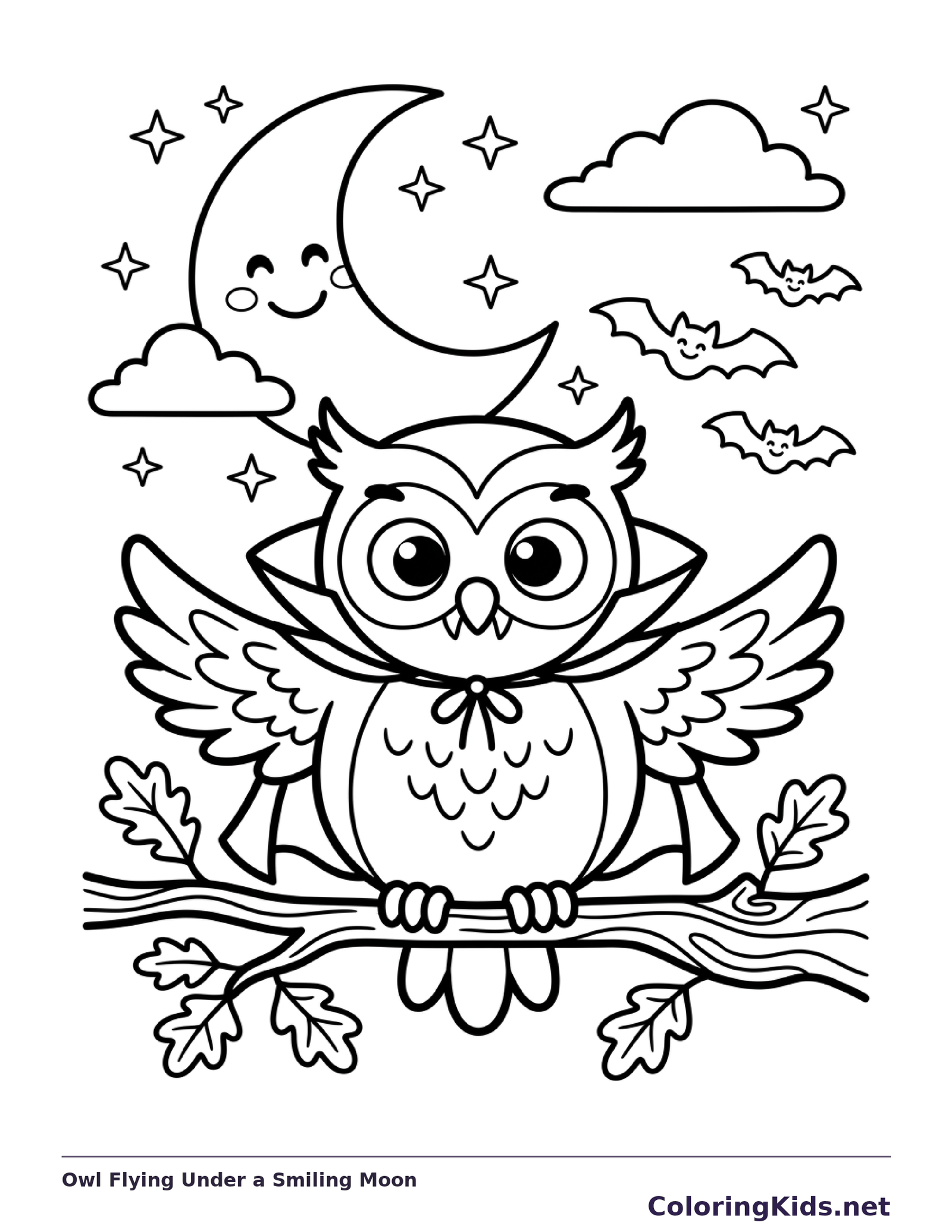Black and white printable owl flying under a smiling moon coloring sheet