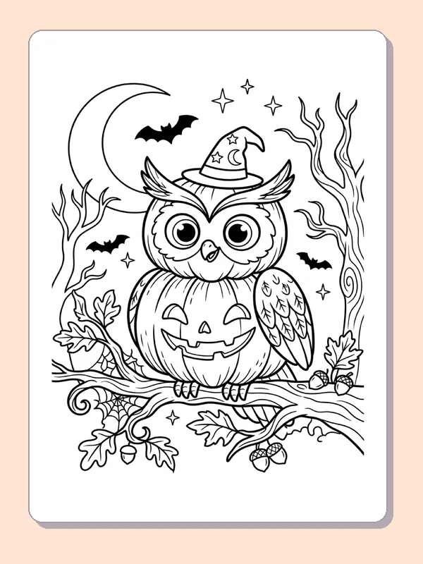 Black and white printable owl perched on a jack-o-lantern coloring sheet