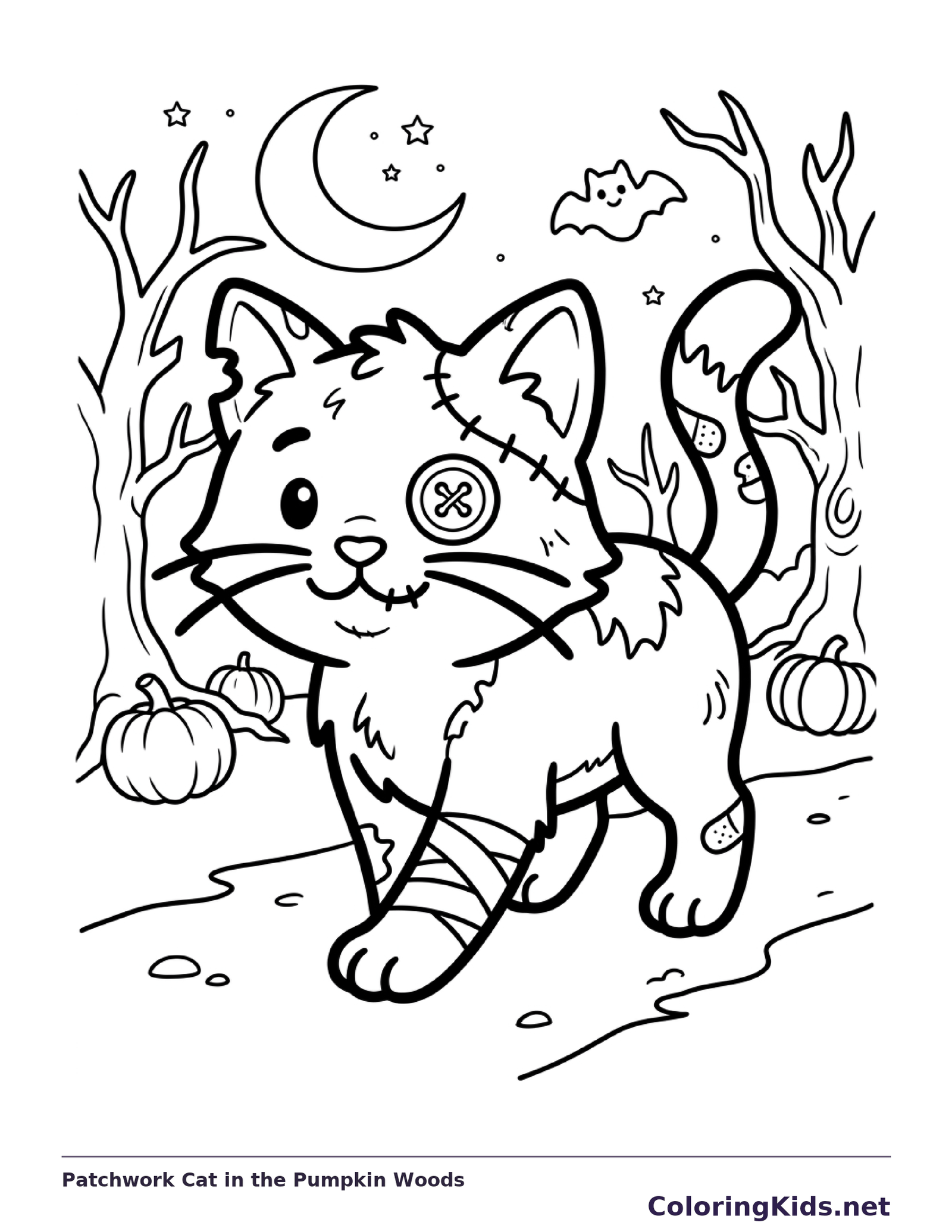 Black and white printable patchwork cat in the pumpkin woods coloring sheet