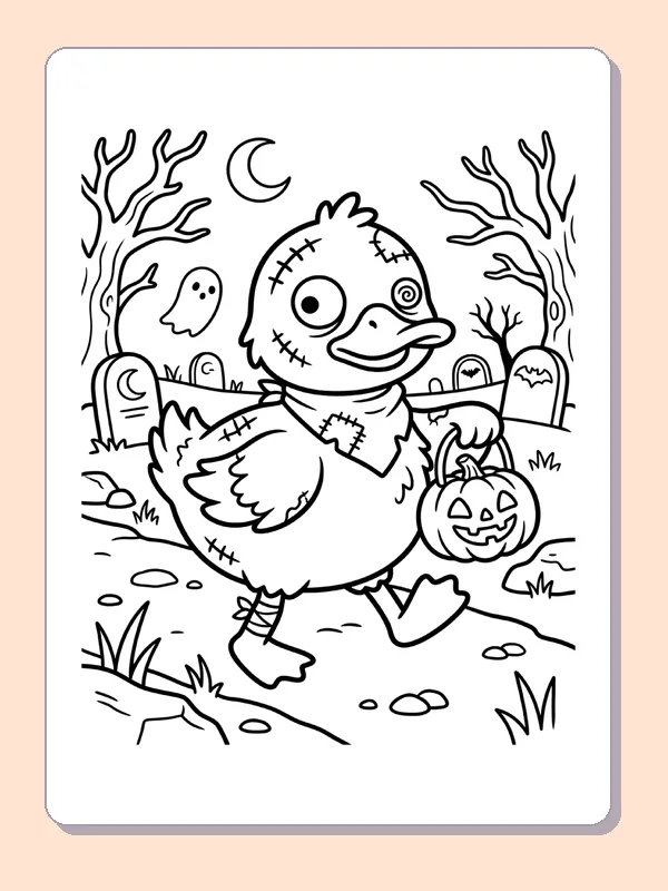 Black and white printable patchwork duck with a pumpkin pail coloring sheet