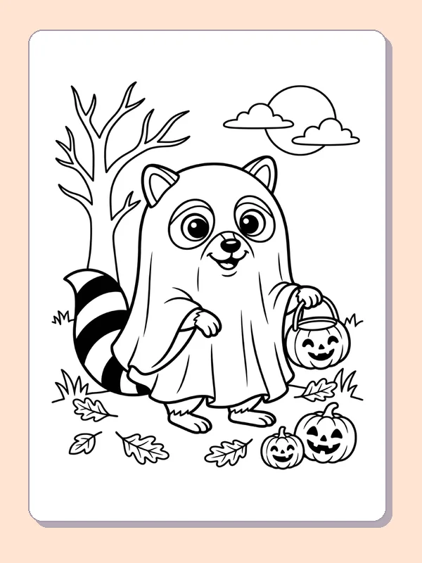 Black and white printable raccoon dressed as a ghost coloring sheet