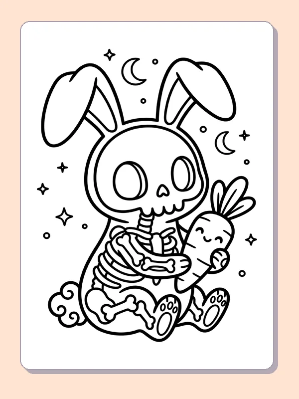 Black and white printable skeleton bunny hugging a carrot coloring sheet