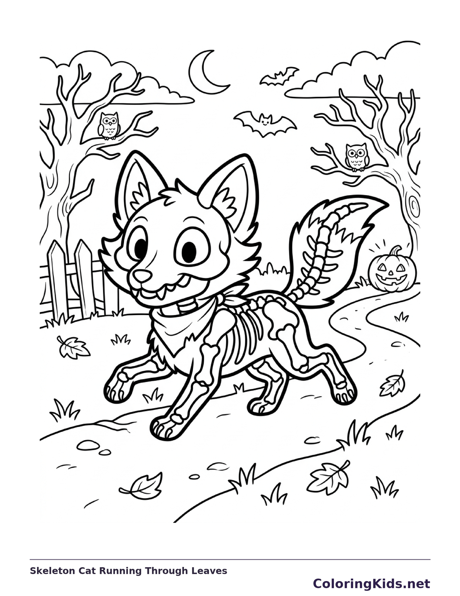 Black and white printable skeleton cat running through leaves coloring sheet